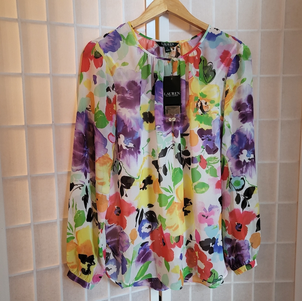 Lauren Ralph Lauren Colorful Floral Blouse NWT Sz S - Picture 1 of 9